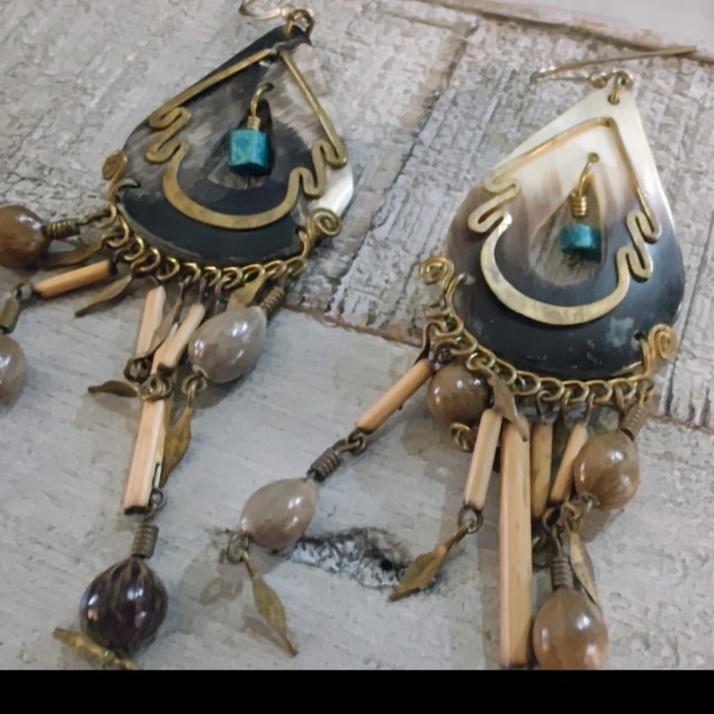 Artisan Brass and Turquoise Teardrop Earrings